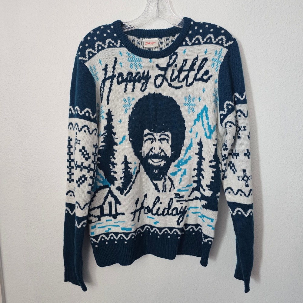 Bob Ross Happy Little Holiday Ugly Christmas Sweater Mens Medium Blue White Knit
